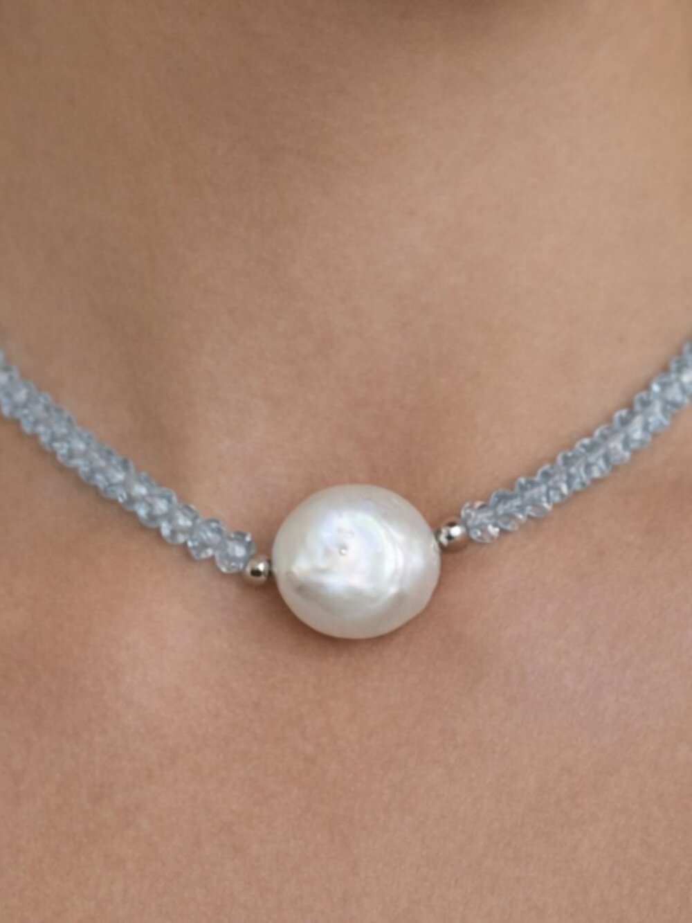 Faceted Blue Topaz and Freshwater Pearl Necklace.